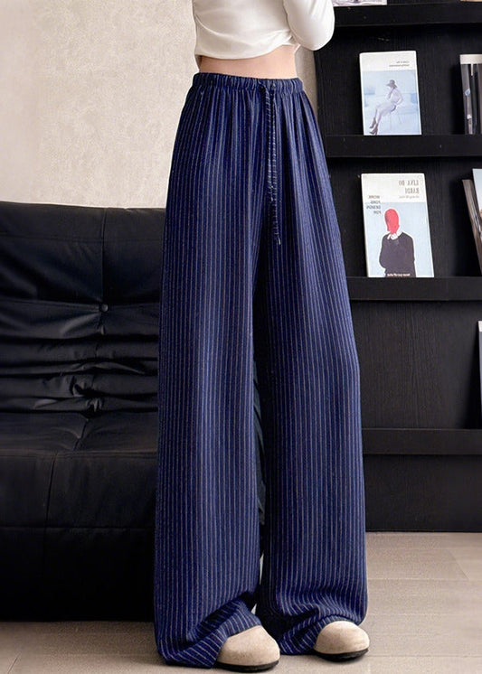 Italian Beige Elastic Waist Striped Linen Straight Pants Spring