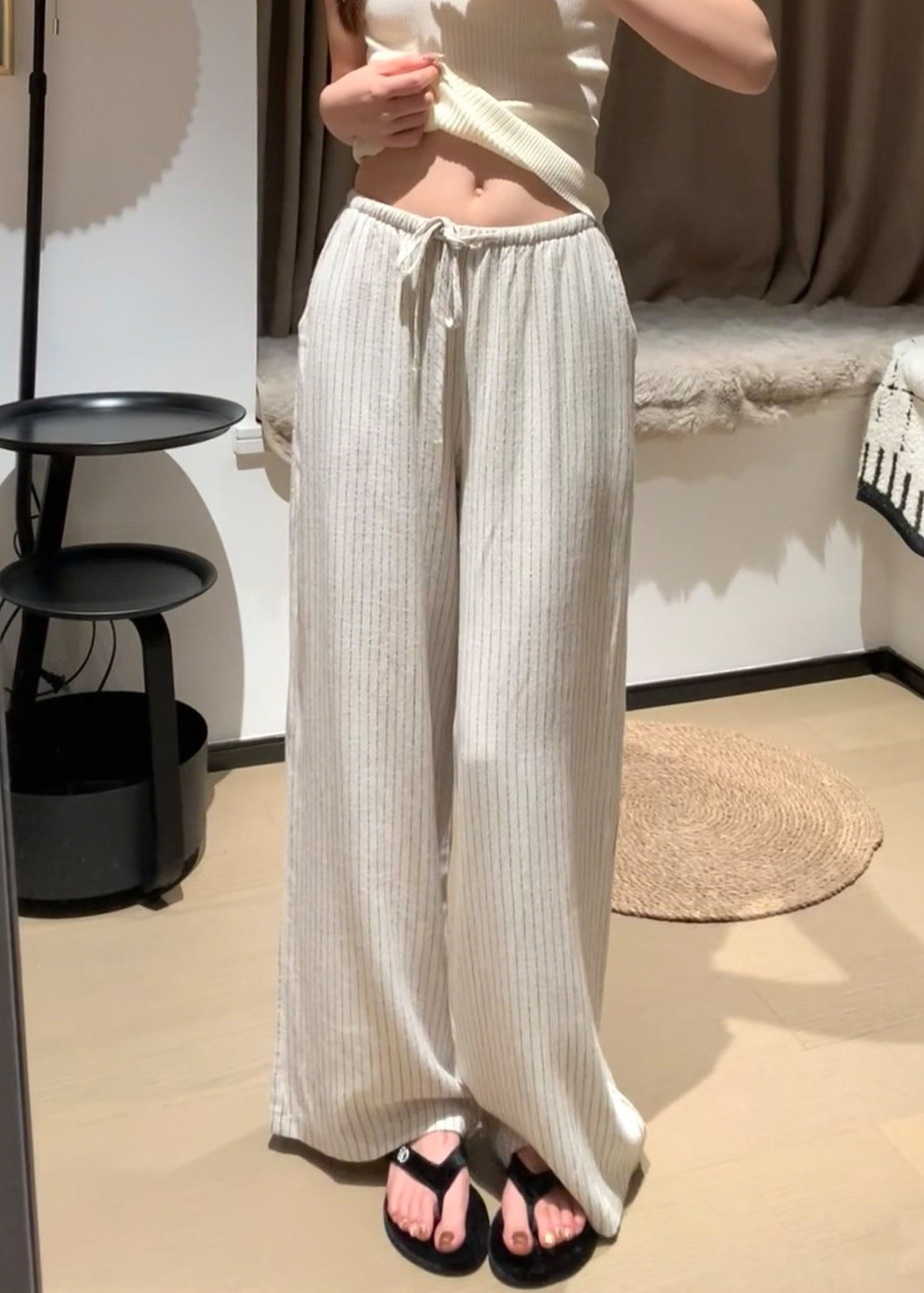 Italian Beige Elastic Waist Striped Linen Straight Pants Spring