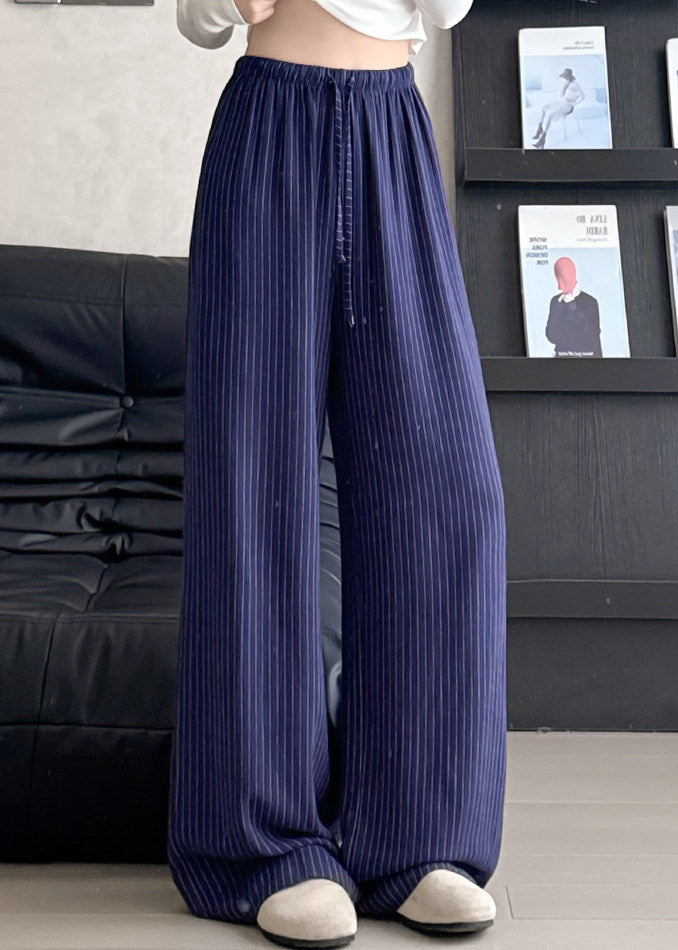 Italian Beige Elastic Waist Striped Linen Straight Pants Spring