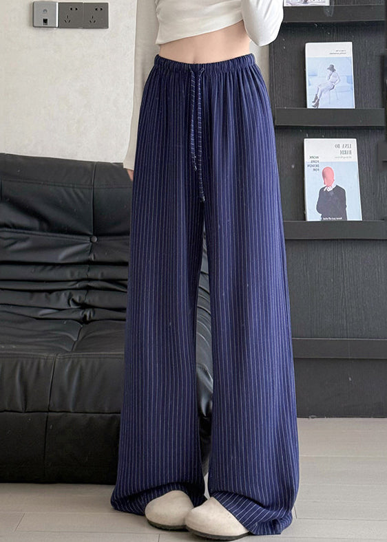Italian Beige Elastic Waist Striped Linen Straight Pants Spring