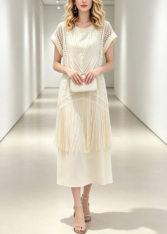 Italian Beige Hollow Out Tassel Patchwork Fake Two-Piece Maxi Dresses Summer
