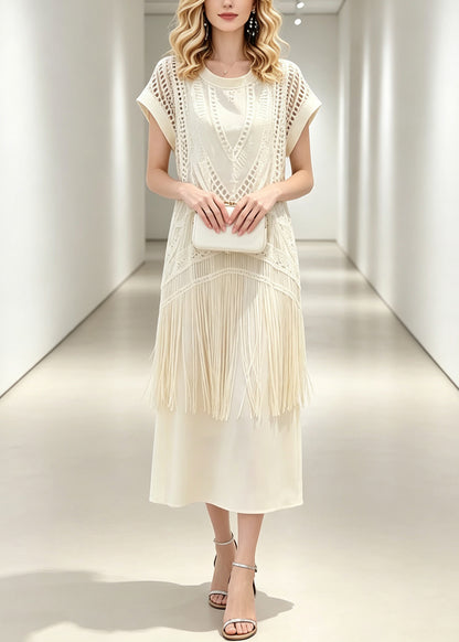 Italian Beige Hollow Out Tassel Patchwork Fake Two-Piece Maxi Dresses Summer