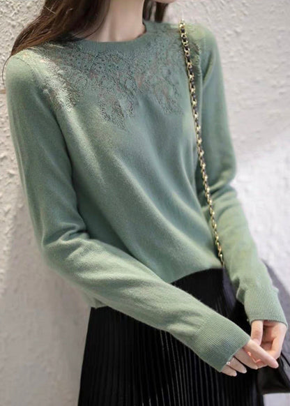 Italian Beige O Neck Hollow Out Patchwork Knit Top Fall