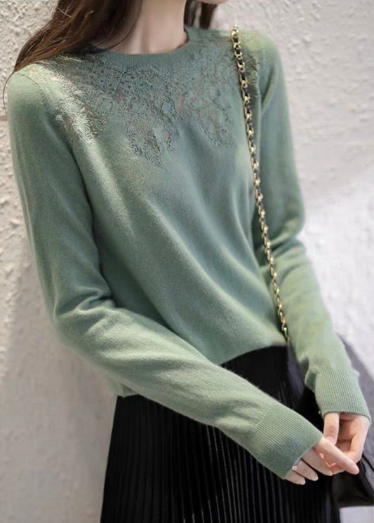 Italian Beige O Neck Hollow Out Patchwork Knit Top Fall