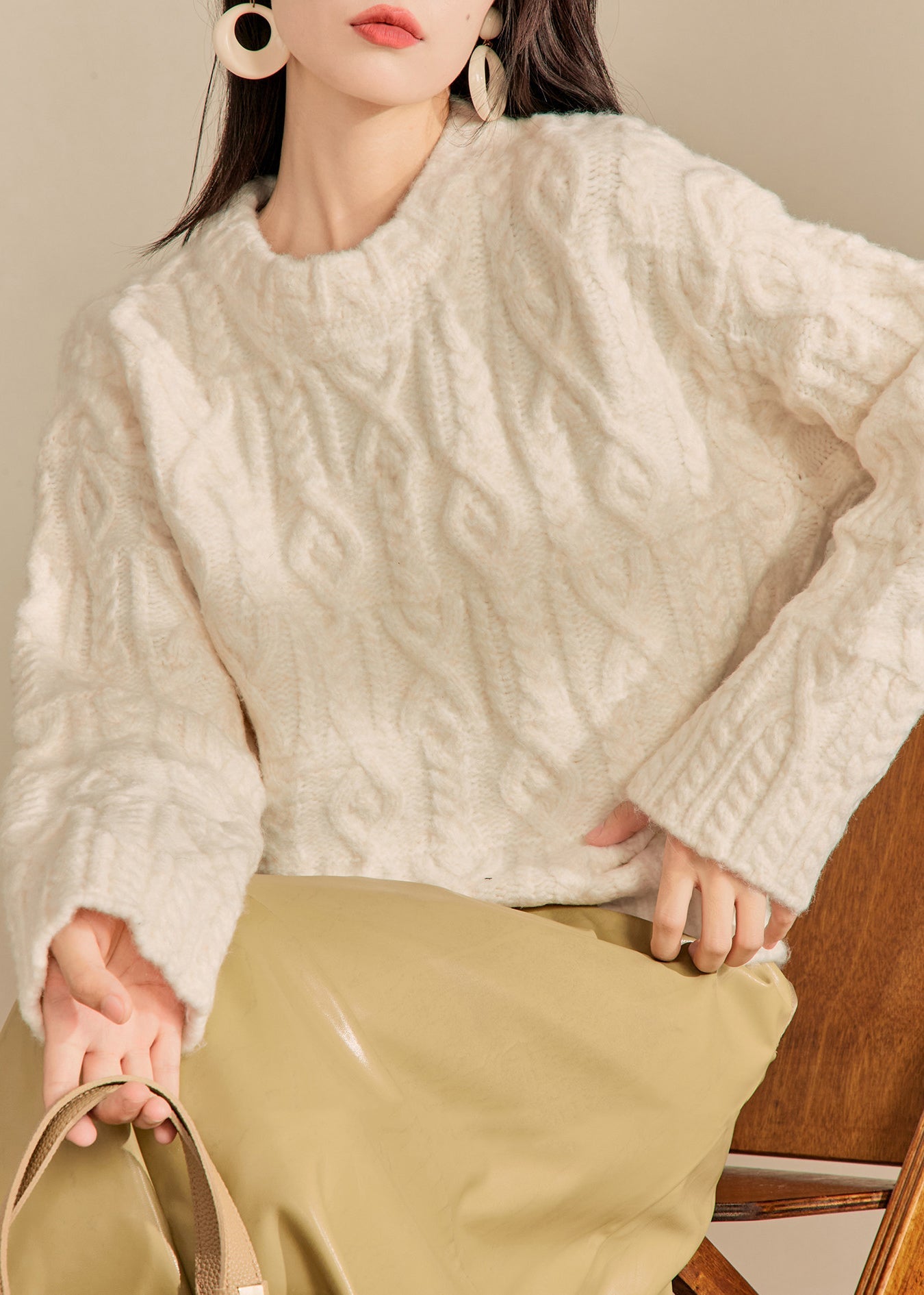 Italian Beige O Neck Thick Cable Knit Sweaters Spring