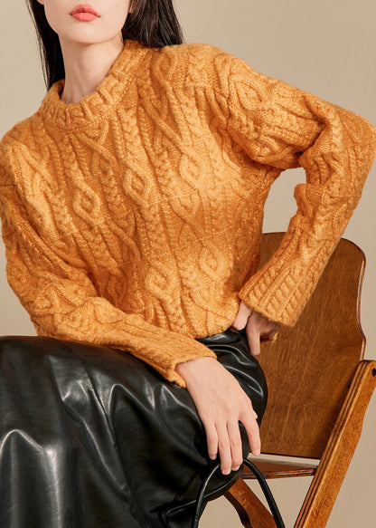 Italian Beige O Neck Thick Cable Knit Sweaters Spring