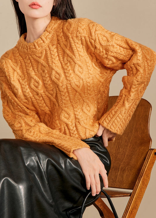 Italian Beige O Neck Thick Cable Knit Sweaters Spring