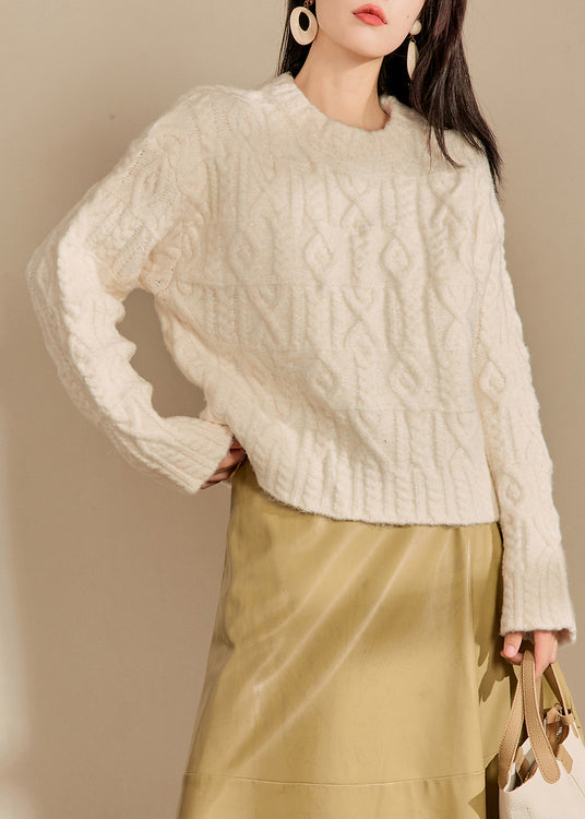 Italian Beige O Neck Thick Cable Knit Sweaters Spring