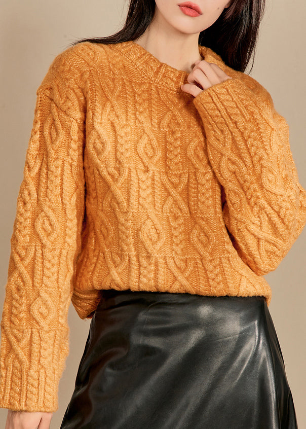 Italian Beige O Neck Thick Cable Knit Sweaters Spring