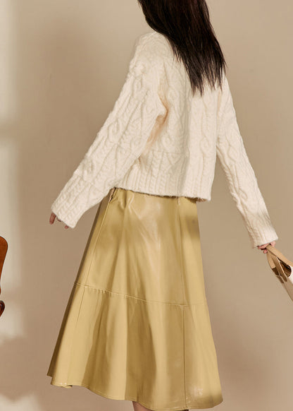 Italian Beige O Neck Thick Cable Knit Sweaters Spring