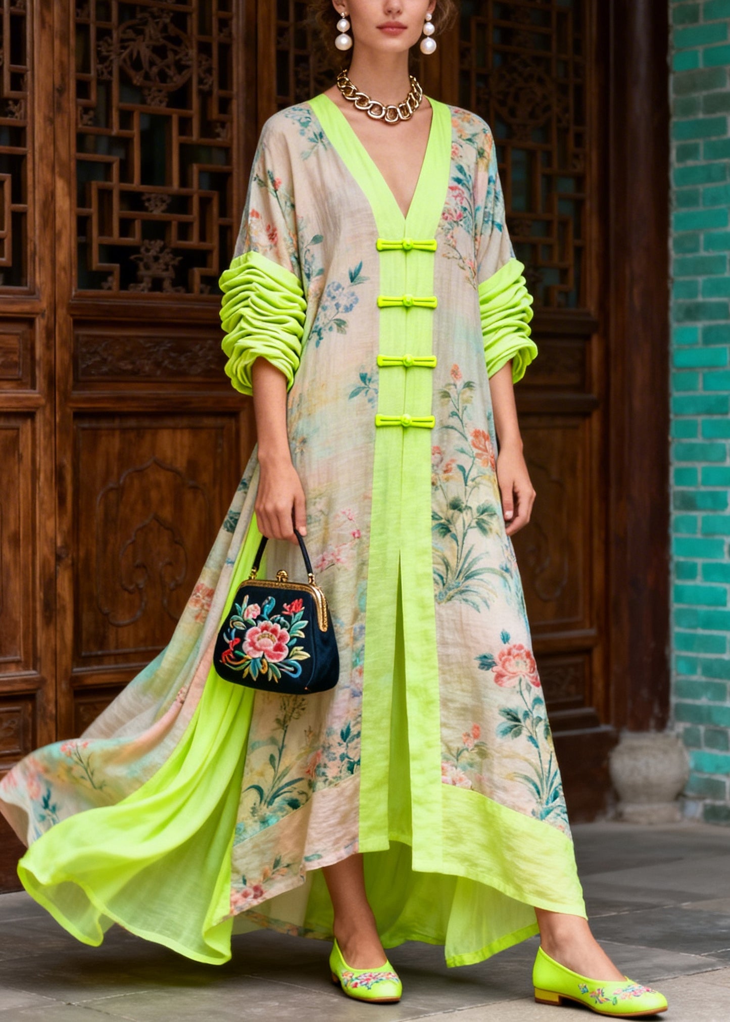 Italian Beige Oversized Patchwork Print Cotton Ankle Dress Summer