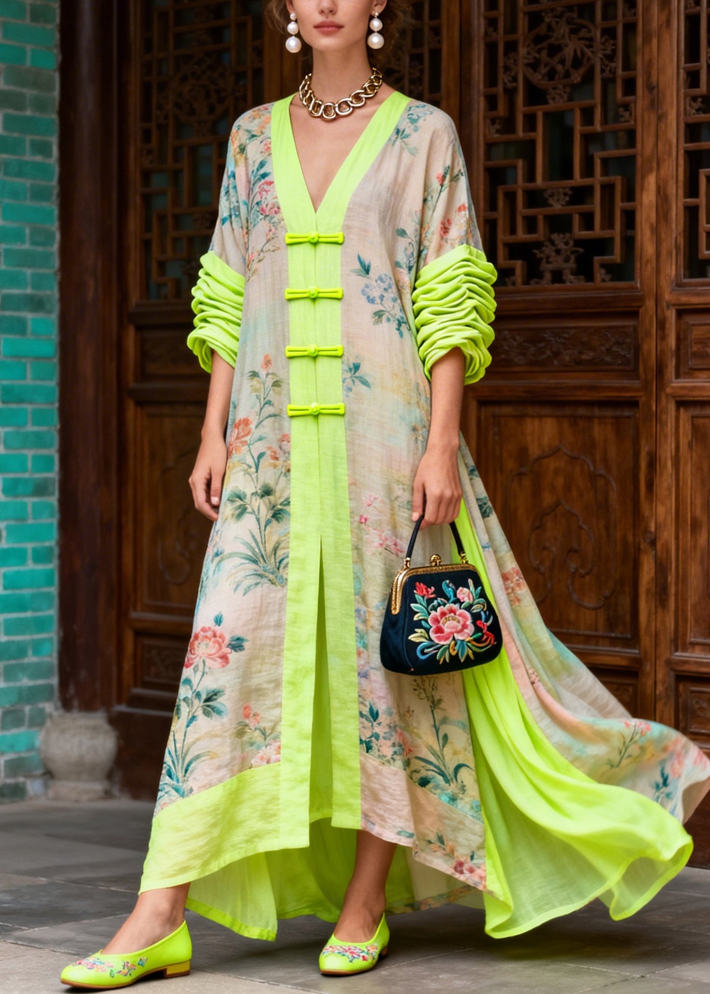 Italian Beige Oversized Patchwork Print Cotton Ankle Dress Summer