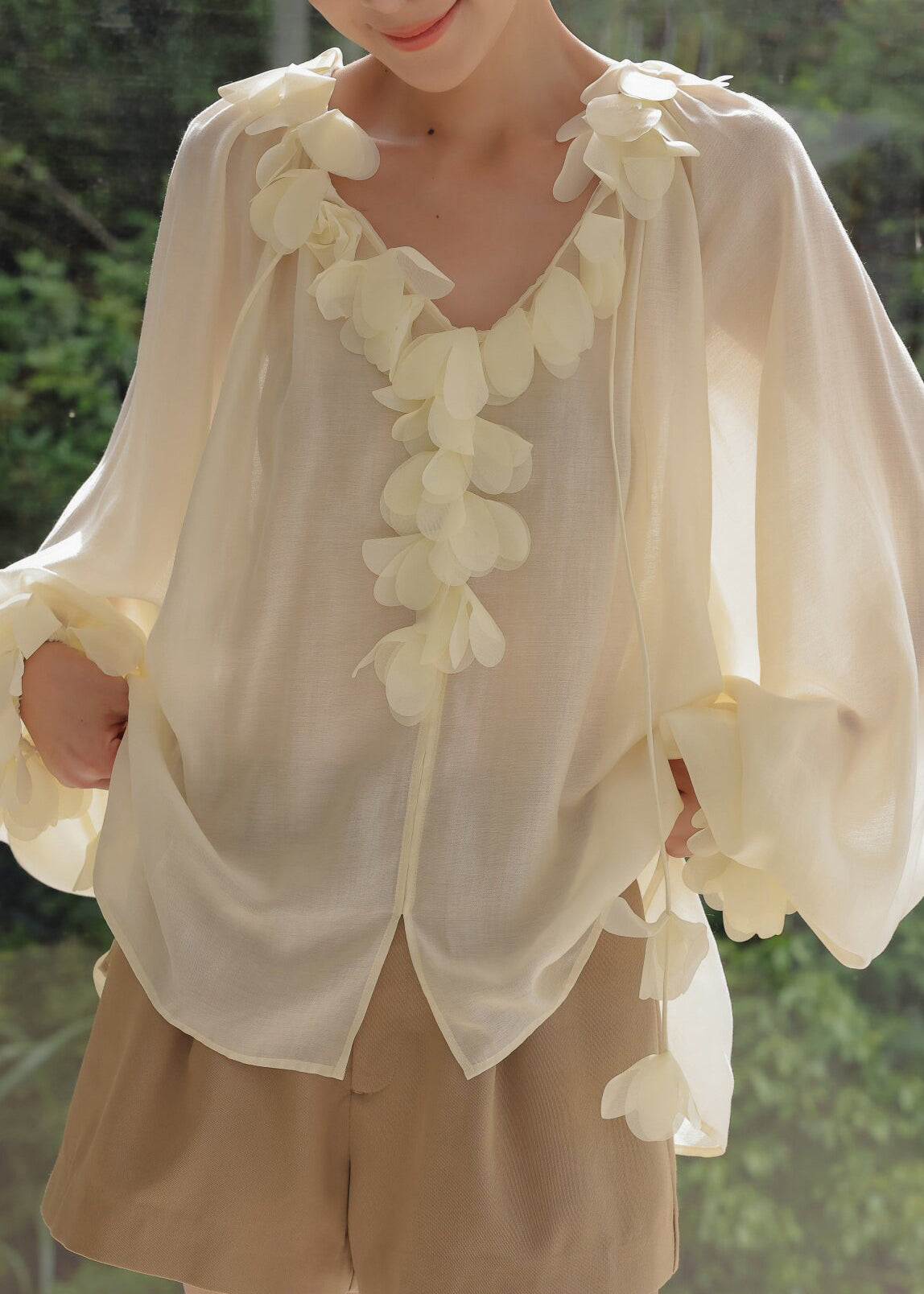 Italian Beige Oversized Petal Decoration Chiffon UPF 50+ Shirt Tops Summer
