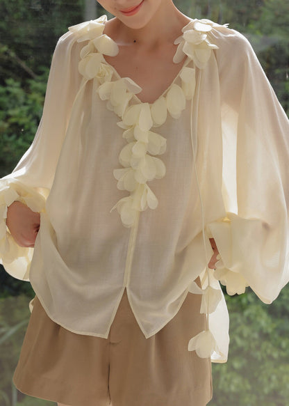 Italian Beige Oversized Petal Decoration Chiffon UPF 50+ Shirt Tops Summer