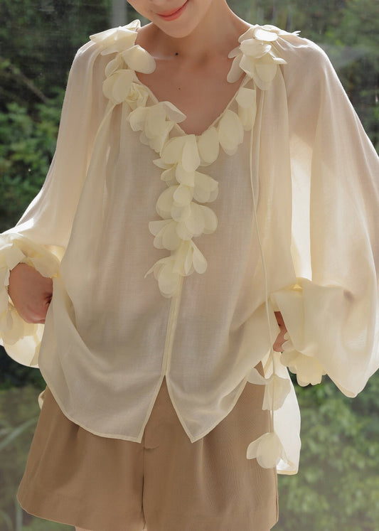 Italian Beige Oversized Petal Decoration Chiffon UPF 50+ Shirt Tops Summer