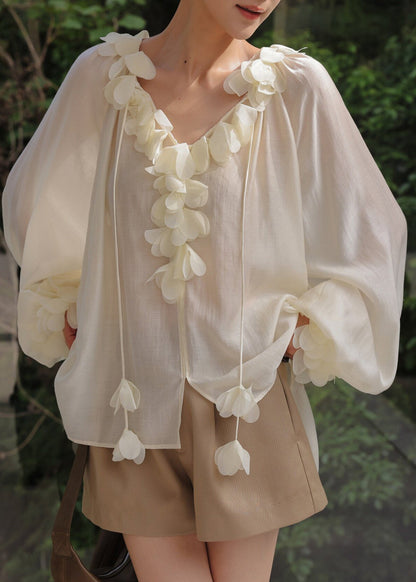 Italian Beige Oversized Petal Decoration Chiffon UPF 50+ Shirt Tops Summer
