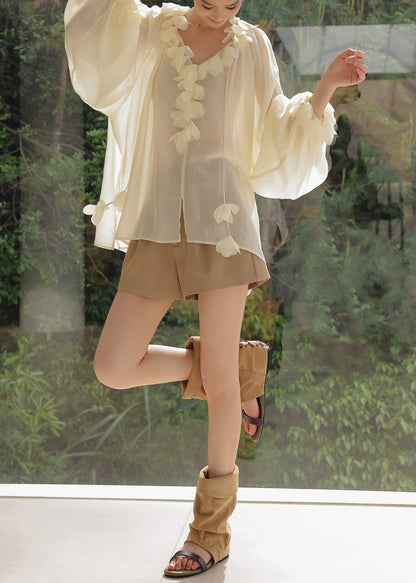 Italian Beige Oversized Petal Decoration Chiffon UPF 50+ Shirt Tops Summer