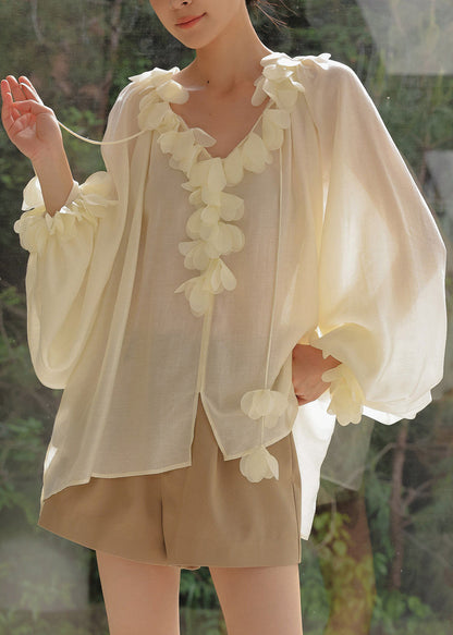 Italian Beige Oversized Petal Decoration Chiffon UPF 50+ Shirt Tops Summer