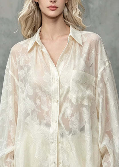 Italian Beige Peter Pan Collar Jacquard Silk Shirt Tops Fall