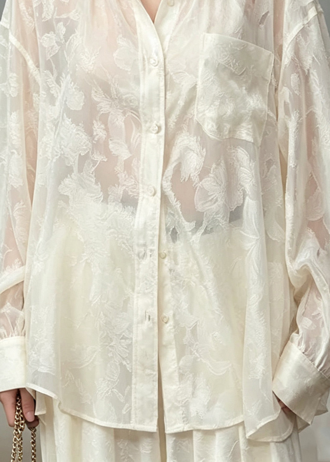 Italian Beige Peter Pan Collar Jacquard Silk Shirt Tops Fall