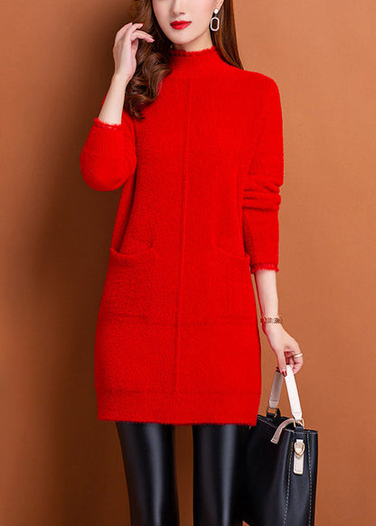 Italian Beige Pockets Mink Hair Knitted Warm Fleece Dress Spring