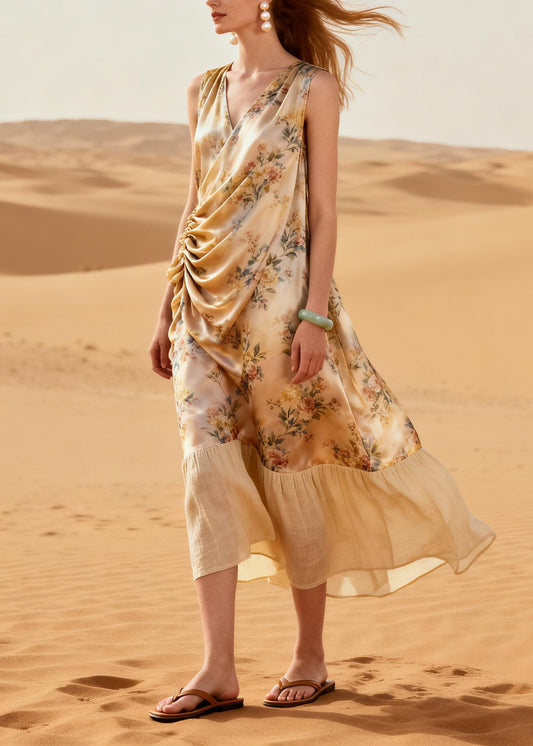 Italian Beige Print Patchwork Wrinkled Silk Maxi Dress Summer