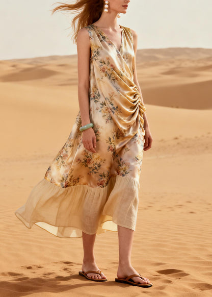 Italian Beige Print Patchwork Wrinkled Silk Maxi Dress Summer