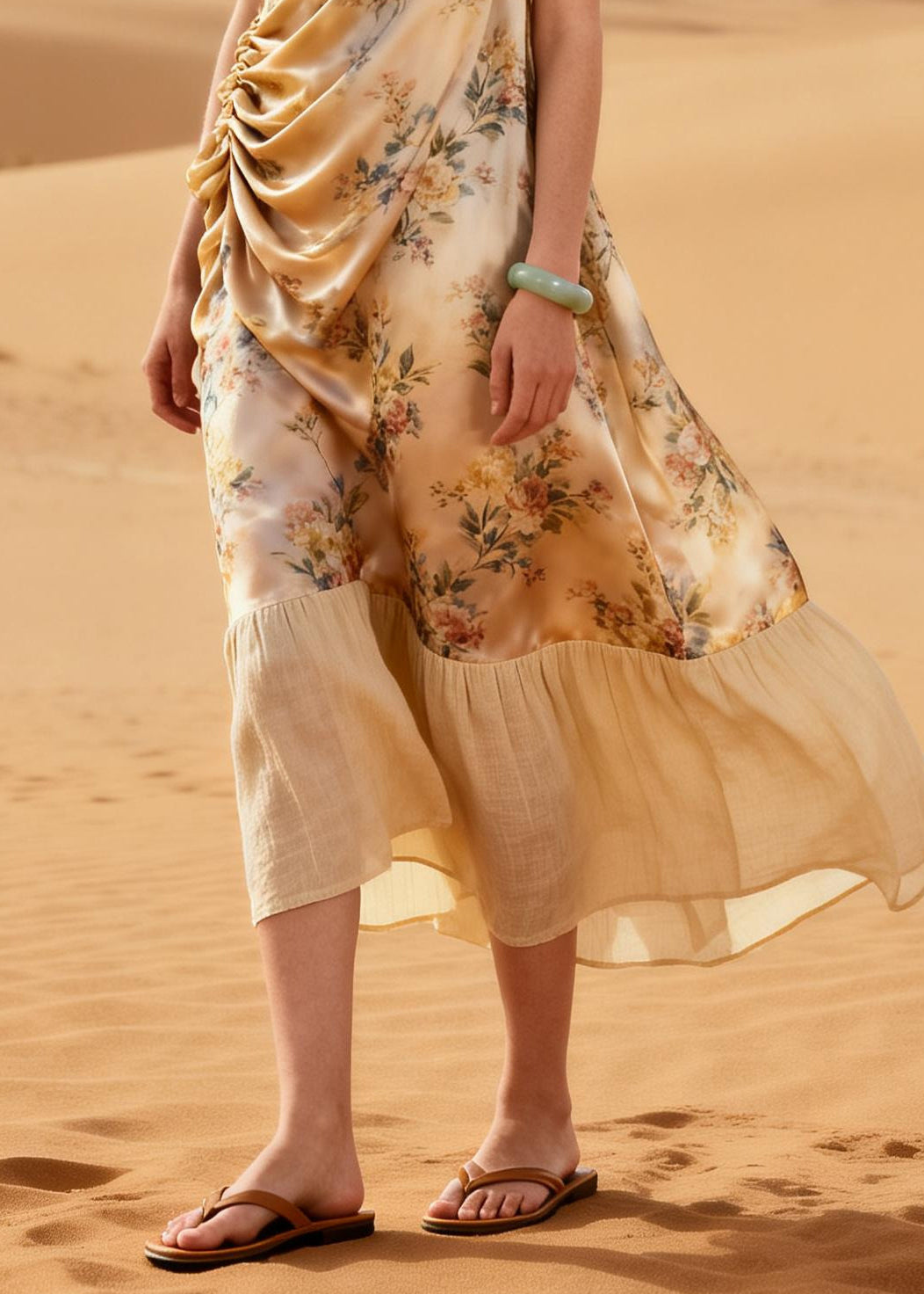 Italian Beige Print Patchwork Wrinkled Silk Maxi Dress Summer