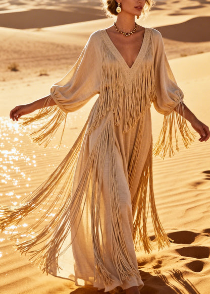 Italian Beige Tasseled Oversized Cotton Holiay Dress Summer