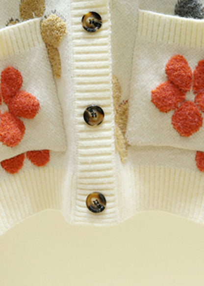 Italian Beige V Neck Embroideried Floral Cozy Knit Cardigans Fall