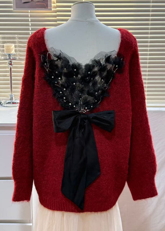 Italian Beige V Neck Patchwork Feather Bow Knitted Tops Winter