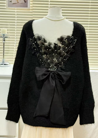 Italian Beige V Neck Patchwork Feather Bow Knitted Tops Winter