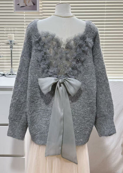 Italian Beige V Neck Patchwork Feather Bow Knitted Tops Winter