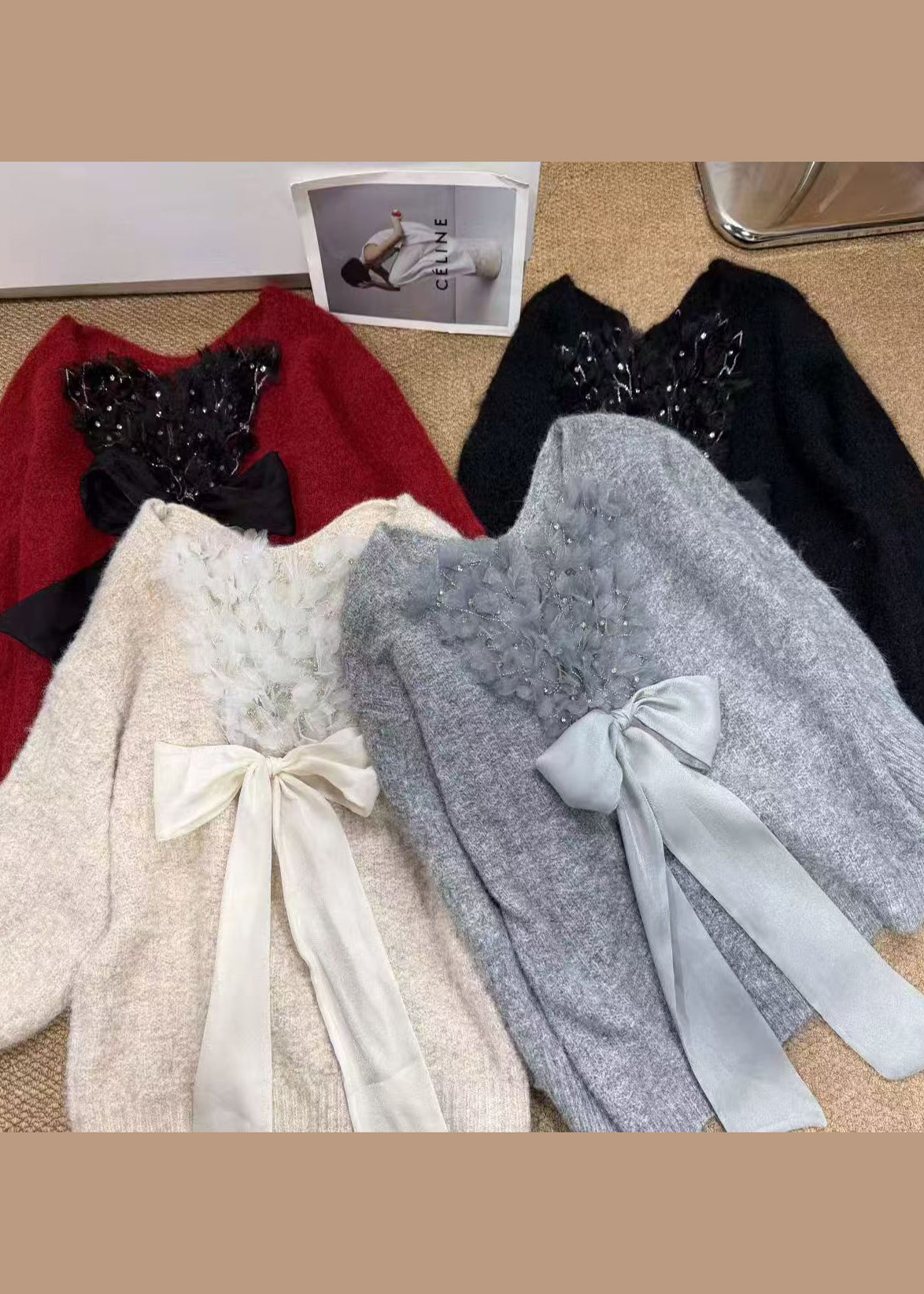 Italian Beige V Neck Patchwork Feather Bow Knitted Tops Winter