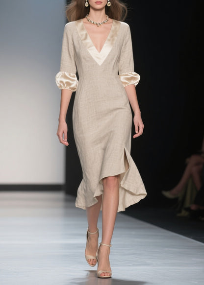Italian Beige V Neck Patchwork Linen Silk Dresses Lantern Sleeve
