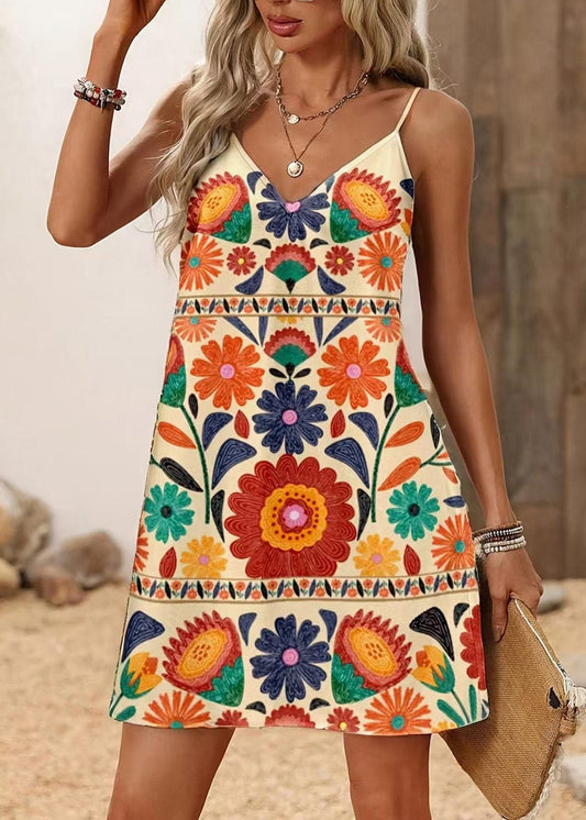 Italian Beige V Neck Print Chiffon Cami Dresses Summer