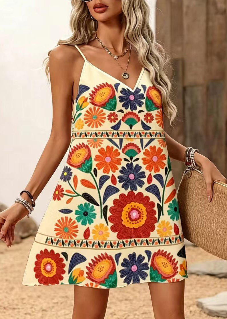 Italian Beige V Neck Print Chiffon Cami Dresses Summer