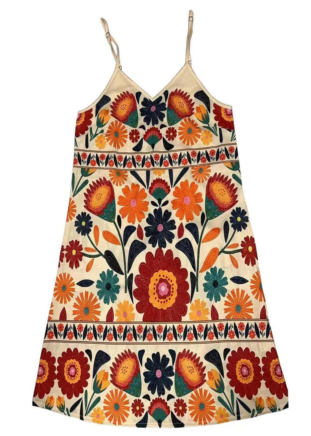 Italian Beige V Neck Print Chiffon Cami Dresses Summer
