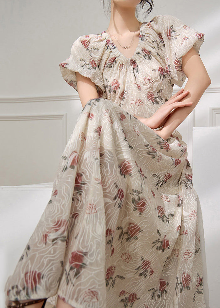 Italian Beige V Neck Print Wrinkled Long Dresses Puff Sleeve