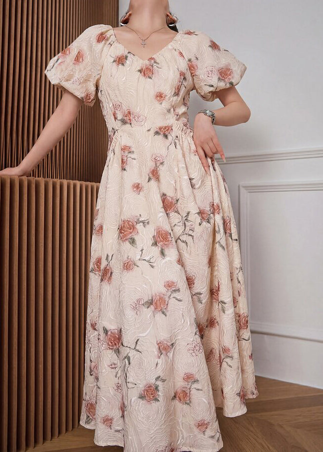 Italian Beige V Neck Print Wrinkled Long Dresses Puff Sleeve