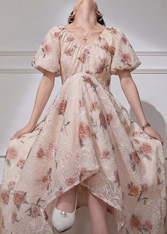 Italian Beige V Neck Print Wrinkled Long Dresses Puff Sleeve