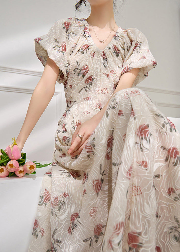 Italian Beige V Neck Print Wrinkled Long Dresses Puff Sleeve