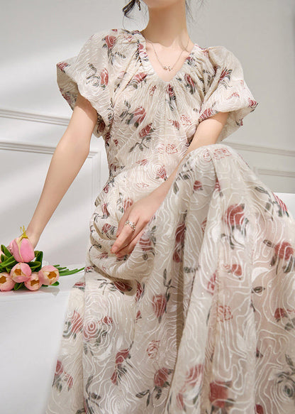 Italian Beige V Neck Print Wrinkled Long Dresses Puff Sleeve