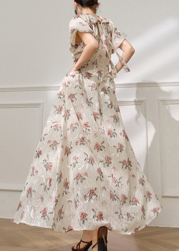 Italian Beige V Neck Print Wrinkled Long Dresses Puff Sleeve