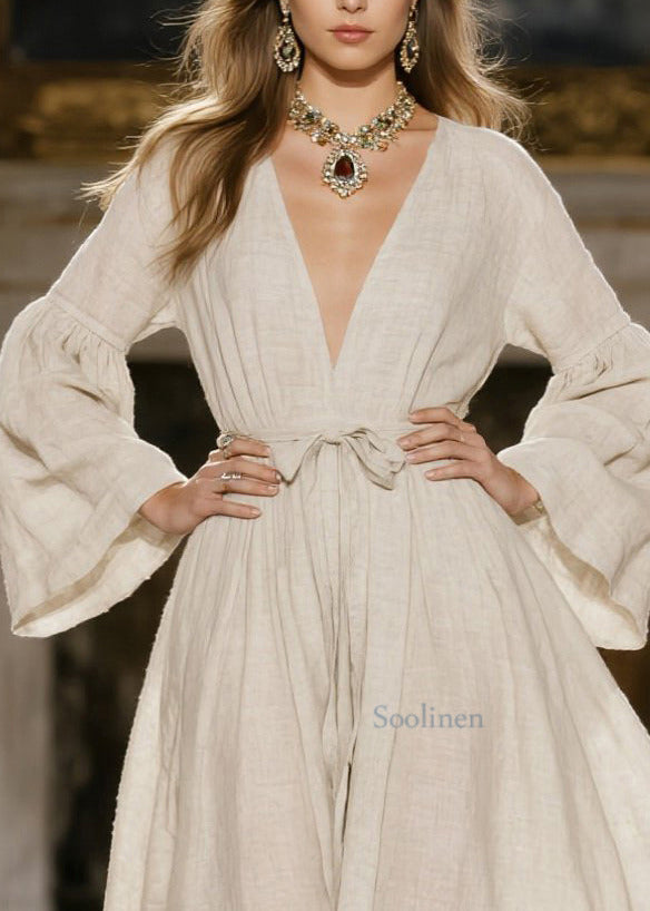 Italian Beige V Neck Tie Waist Linen Dress Spring