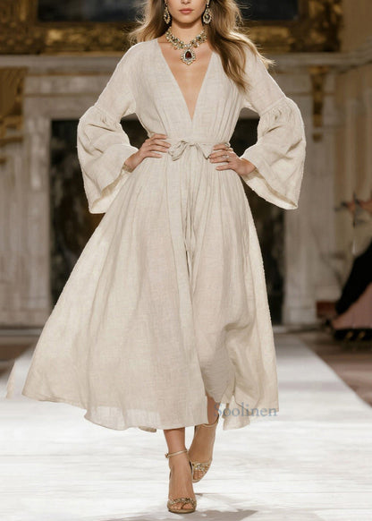 Italian Beige V Neck Tie Waist Linen Dress Spring