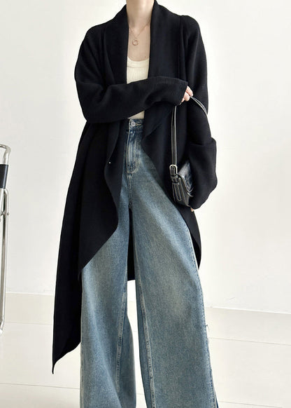 Italian Black Asymmetrical Cozy Knit Long Cardigans Spring