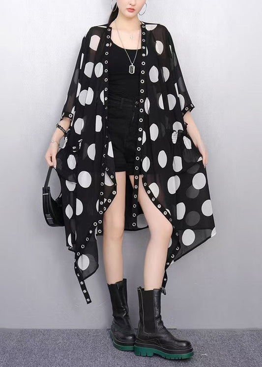 Italian Black Asymmetrical Print Chiffon Loose Cardigan Summer