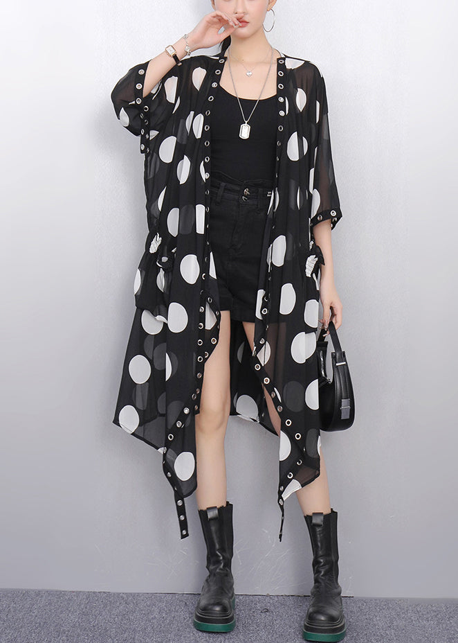 Italian Black Asymmetrical Print Chiffon Loose Cardigan Summer