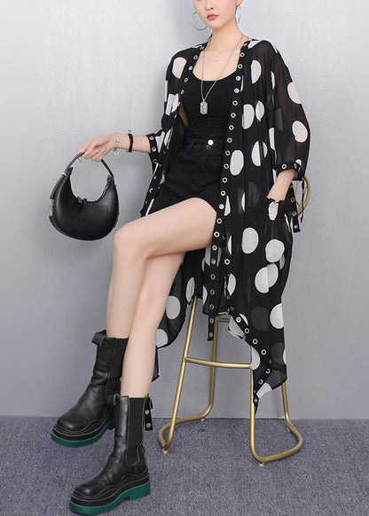 Italian Black Asymmetrical Print Chiffon Loose Cardigan Summer